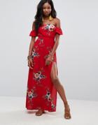 Parisian Off Shoulder Floral Maxi Dress With Shorts - Red