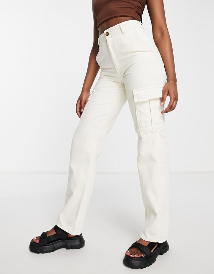 Stradivarius Str Straight Leg Cargo Pants In Ecru-white