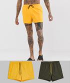 Asos Design Swim Shorts In Short Length In Khaki & Mustard 2 Pack - Multi