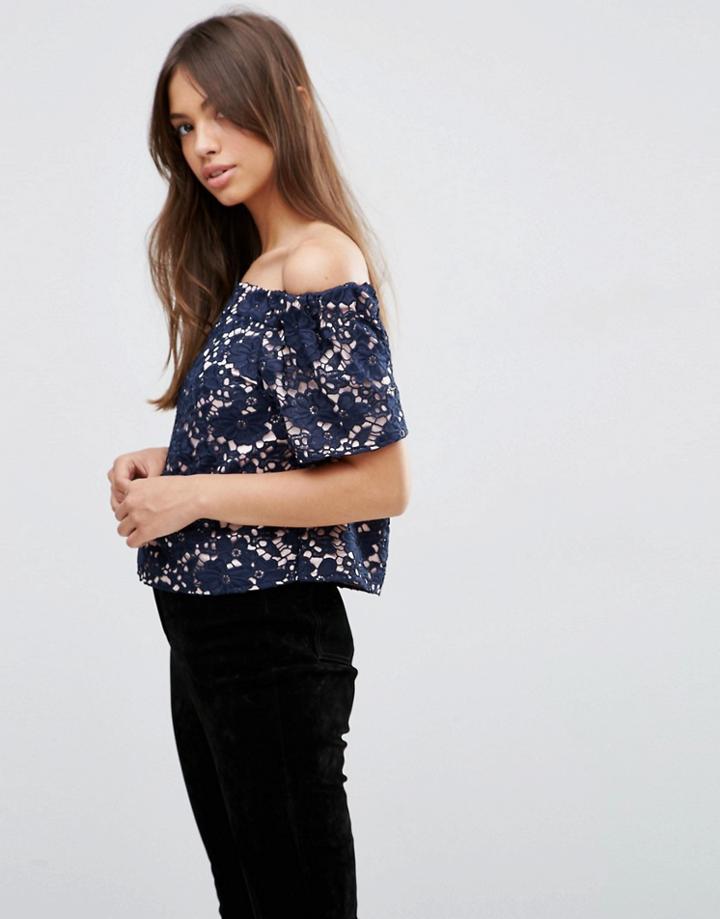 Asos Premium Off Shoulder Top In Floral Lace - Navy