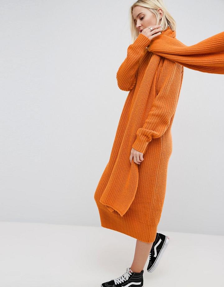 Asos White Chunky Knit Midi Dress With Scarf Tie Detail - Multi