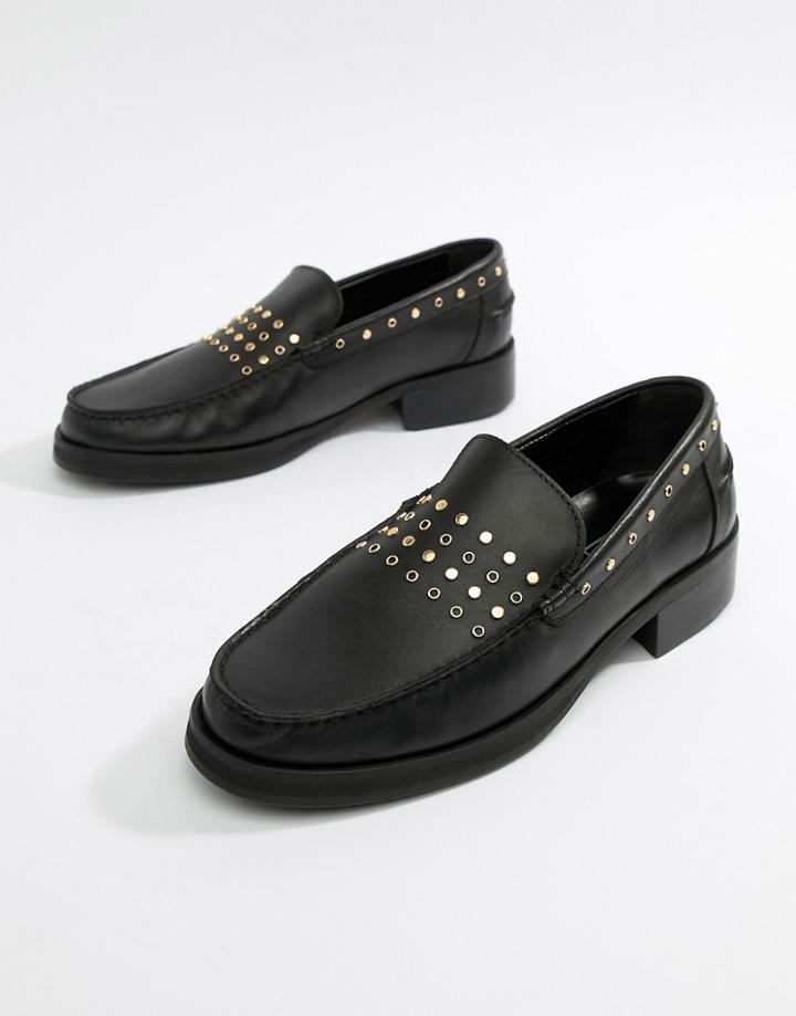 Asos Edition Loafers In Black Leather With Studding Detail - Black