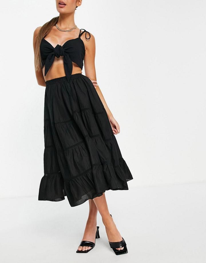 Asos Design Midi Skirt With Lace Insert And Hanky Hem In Black