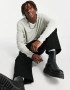 Asos Design Relaxed Long Sleeve T-shirt In Gray Plisse With V Neck-grey