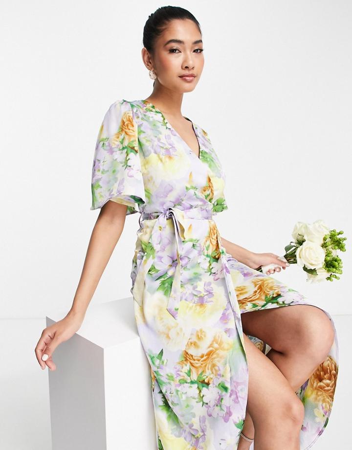 Liquorish Bridesmaid Satin Wrap Front Midaxi Dress In Soft Washed Pastel Floral-multi