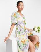 Liquorish Bridesmaid Satin Wrap Front Midaxi Dress In Soft Washed Pastel Floral-multi