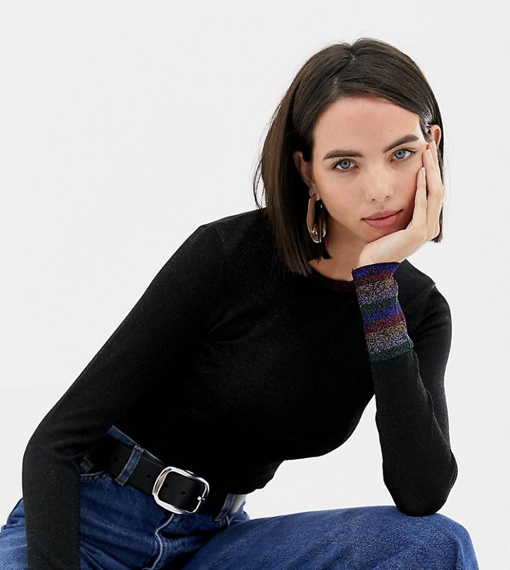 Warehouse Sweater With Metallic Stripe Cuff In Black - Black