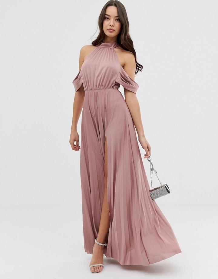 Asos Design Halter Pleated Bow Back Maxi Dress-pink