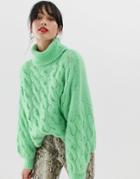 Stradivarius Cable Roll Neck Sweater In Green - Green