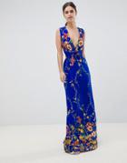 City Goddess V Neck Floral Print Maxi Dress - Blue