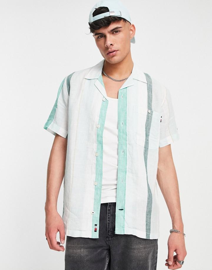 Tommy Hilfiger Icon Logo Linen Bold Stripe Short Sleeve Shirt In Green