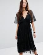 Pull & Bear Deep V Lace Midi Dress - Black