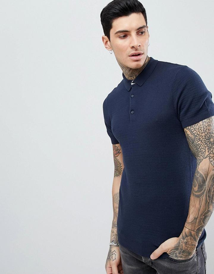 Process Black Short Sleeve Waffle Knit Polo - Navy