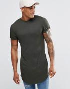 Asos Super Longline Muscle T-shirt In Rib With Roll Sleeve And Curved Hem In Green - Field Green