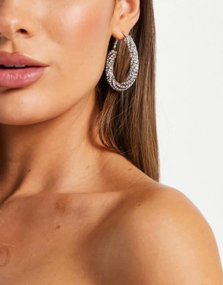 Asos Design Oval Hoop Earrings In Twist Crystal Drench-silver