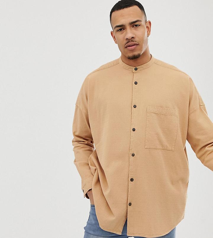 Asos Design Tall Oversized Textured Grandad Collar Shirt In Tan - Tan