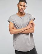 Asos Oversized Sleeveless T-shirt With Random Studs In Raw Scoop Neck And Curved Hem In Grey - Elephant Skinn