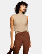 Topshop Knitted Sleeveless Funnel Neck Top In Natural-neutral