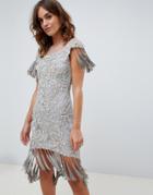 A Star Is Born Embellished Tassel Fringe Midi Dress In Silver Iridescent - Silver