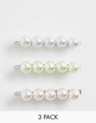 Asos Design Pack Of 3 Hair Clips With Pearls In Pastel Colors-multi