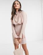 Asos Design Cowl Neck Fluted Sleeve Mini Dress In Rose-pink