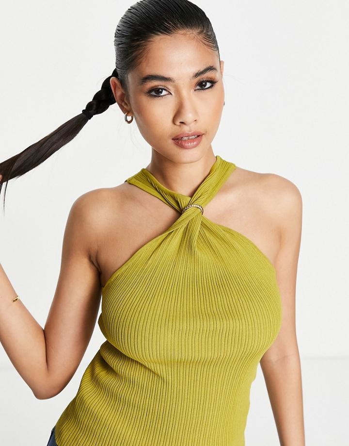 River Island Twist Hardware Rib Tank Top In Khaki-green