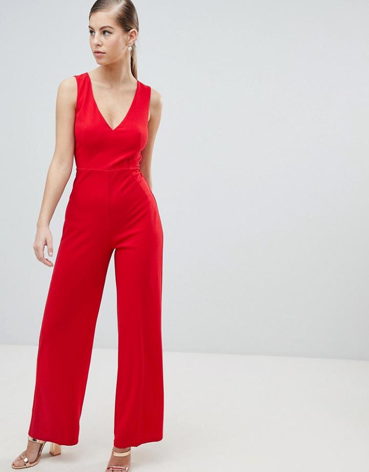 Ax Paris V Neck Jumpsuit - Red