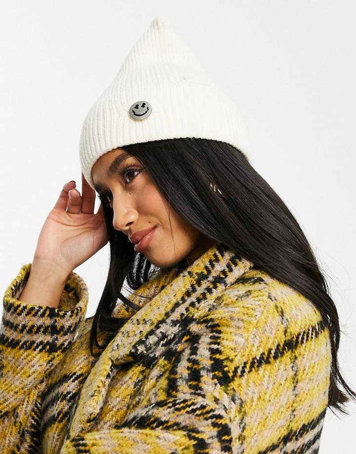 Urban Revivo Ribbed Beanie Hat With Smiley Face In White