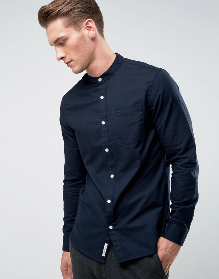 Original Penguin Collarless Oxford Shirt In Navy - Navy