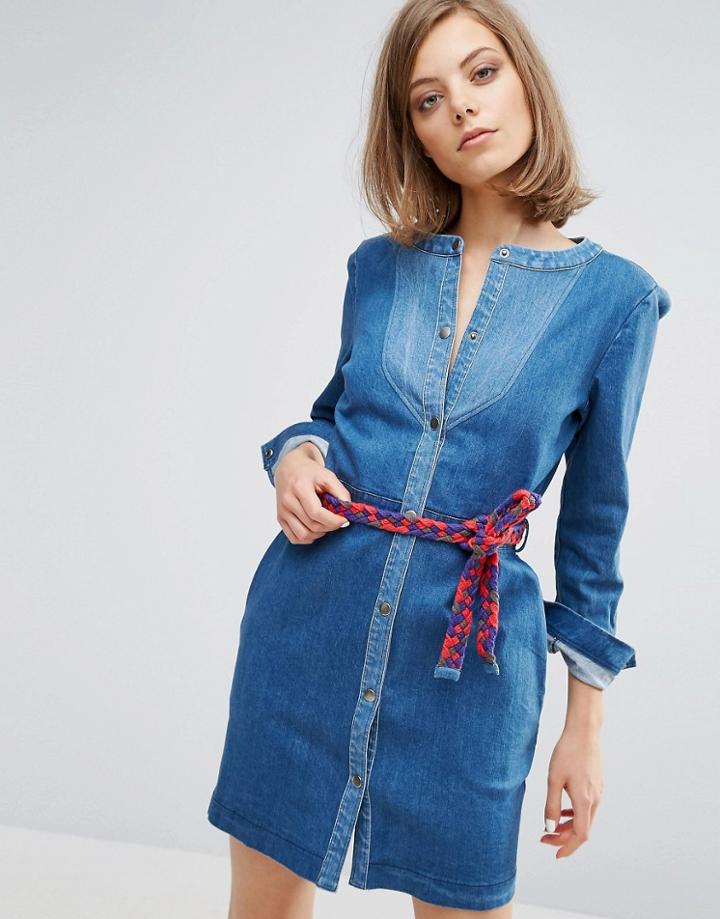 Vanessa Bruno Athe Denim Press Stud Front Dress With Tie - Blue