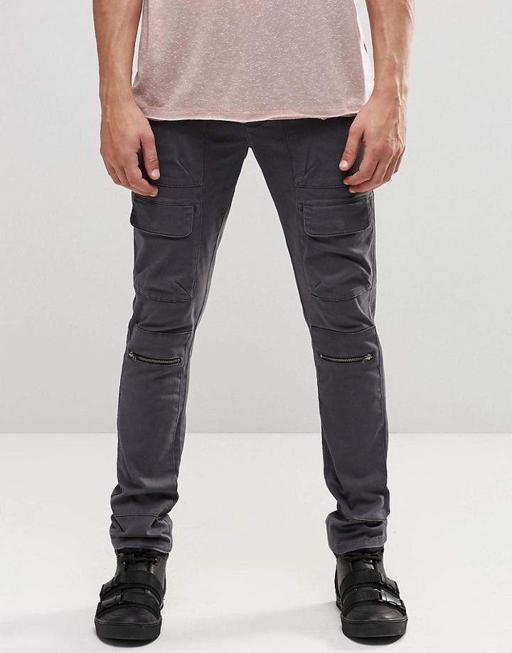 Asos Super Skinny Cargo Pants With Zips In Petrol Gray - Gray