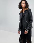 Allsaints Oversized Leather Jacket With Faux Fur Collar - Black