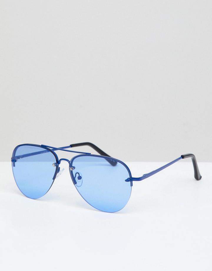 Asos Design Aviator Sunglasses In Blue Metal With Blue Lens - Blue