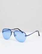 Asos Design Aviator Sunglasses In Blue Metal With Blue Lens - Blue