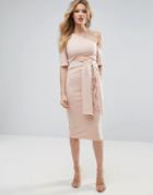 Asos Ribbed Cut Out Tie Front Midi Dress - Beige