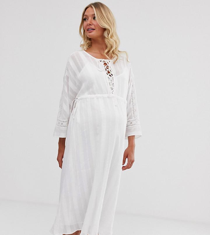 Asos Design Maternity Lace Insert Midi Dress With Lace Up Front - White