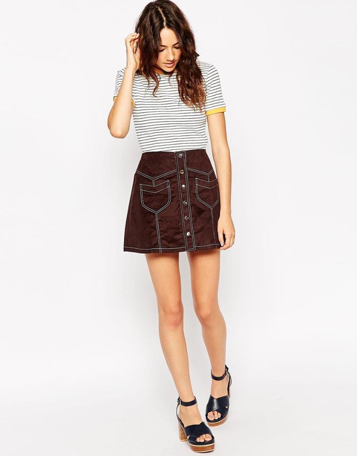 Asos Cord Angled Pocket Button Through A-line Skirt - Chocolate Brown