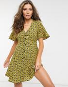 Asos Design Button Through Tie Back Mini Tea Dress With Angel Sleeves In Yellow Floral Print-multi