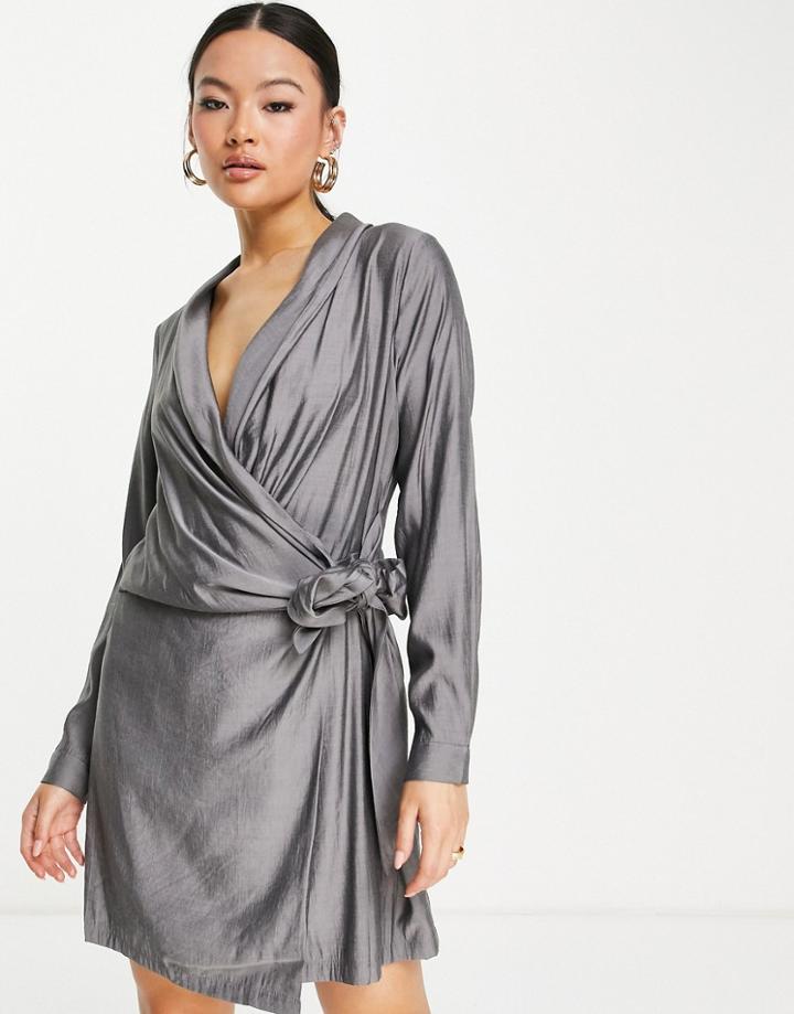 Na-kd Open Back Knot Mini Dress In Dark Gray-grey