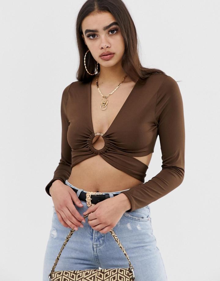 Asos Design Long Sleeve Crop Top With Ring Detail And Tie Back - Brown