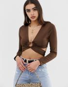 Asos Design Long Sleeve Crop Top With Ring Detail And Tie Back - Brown
