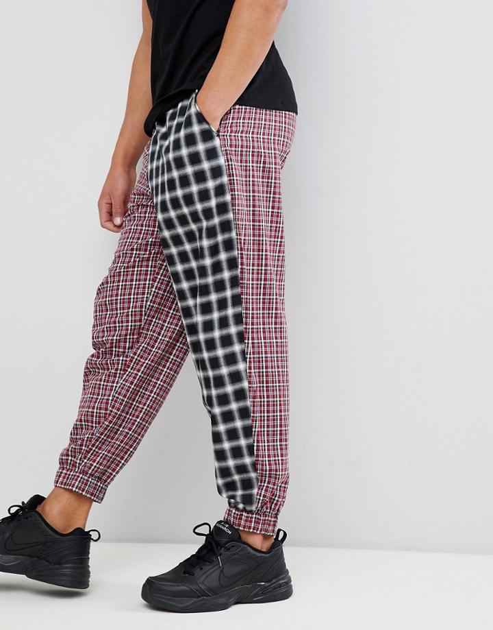 Asos Design Tapered Woven Joggers In Half And Half Check - Red