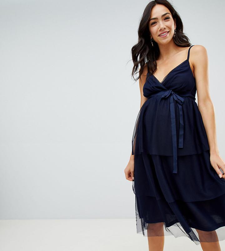 Asos Design Maternity Tiered Tulle Midi Dress-navy