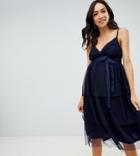 Asos Design Maternity Tiered Tulle Midi Dress-navy