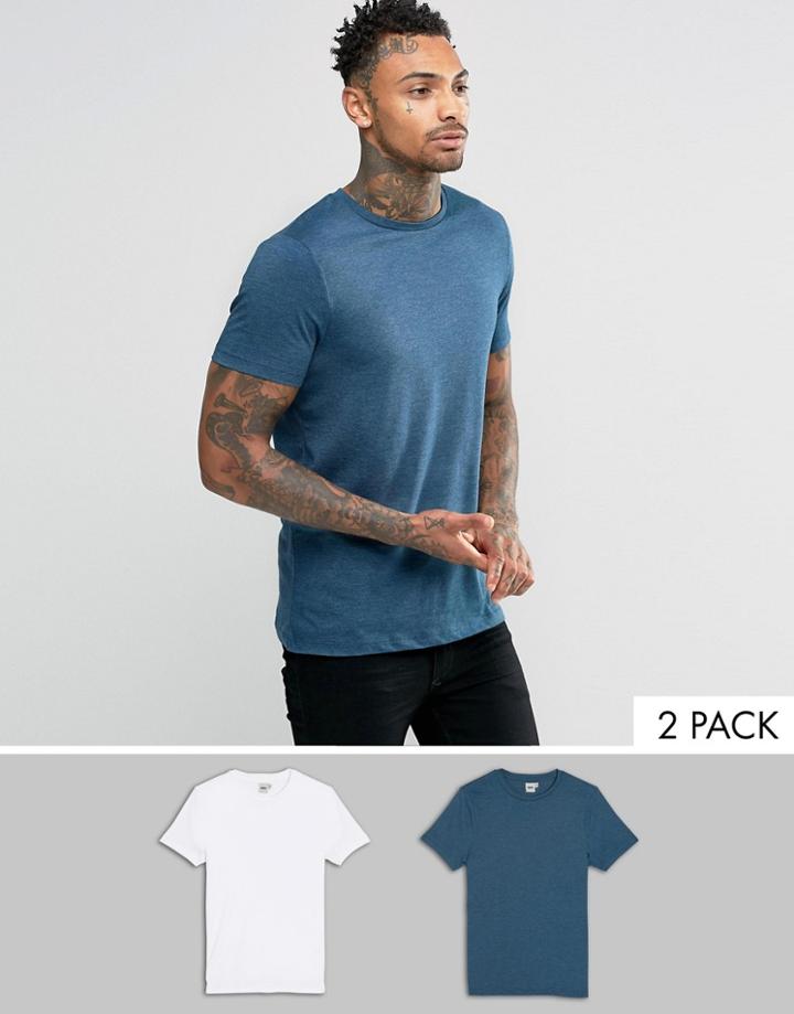 Asos T-shirt With Crew Neck 2 Pack Save 17% In Blue Marl/white