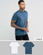 Asos T-shirt With Crew Neck 2 Pack Save 17% In Blue Marl/white