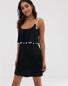 Asos Design Double Layer Mini Sundress With Rope Tie And Faux Shell Trims - Black
