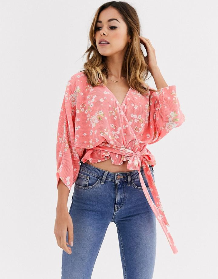 Asos Design Plisse Wrap Top With Tie Side In Floral Print-multi