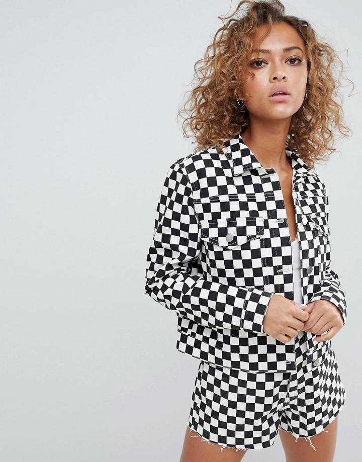 Asos Design Denim Jacket In Checkerboard Print - Multi