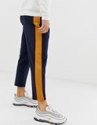 Asos Design Poly Tricot Tapered Crop Sweatpants With Side Stripe In Navy